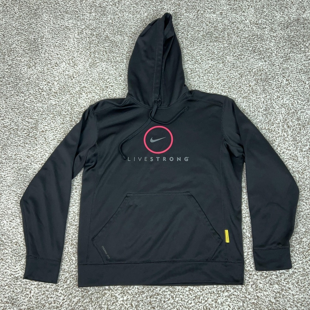 Nike Hoodie Mens Medium Black Pullover Therma Fit Fleece Sweatshirt Livestrong